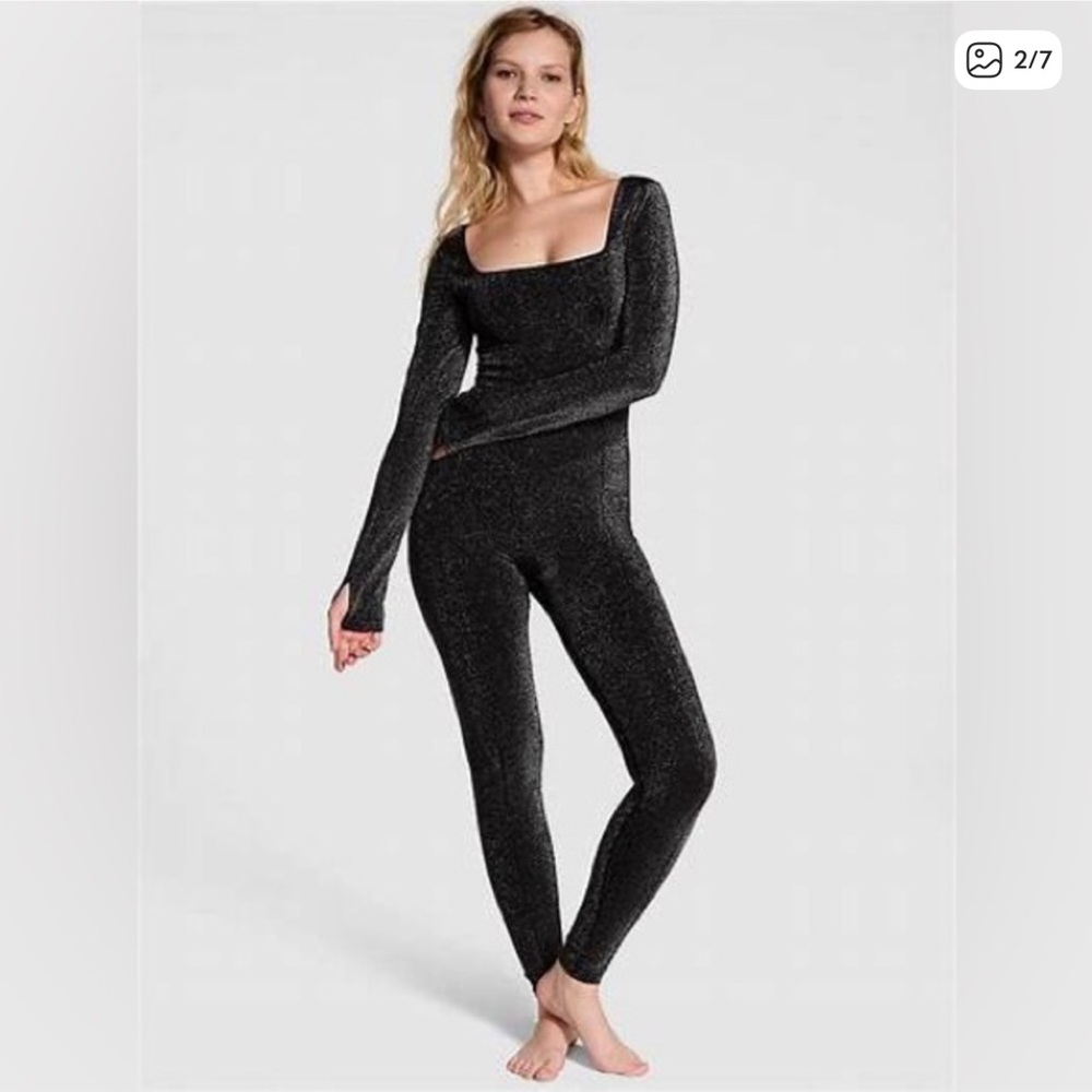 NWT Victoria's Secret Black Glitter Shimmer LS Onsie Bodysuit Sizes S & L